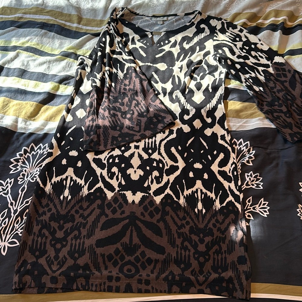 Dressbarn black, ivory brown tribal print midi dress W/long sleeves, women's 14
